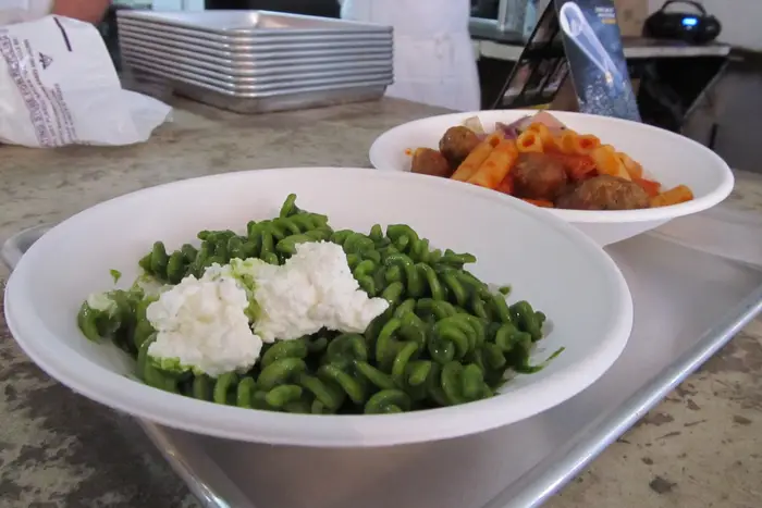 The pesto and screws, with a dollop of ricotta, and the tubes and meatballs<br/>